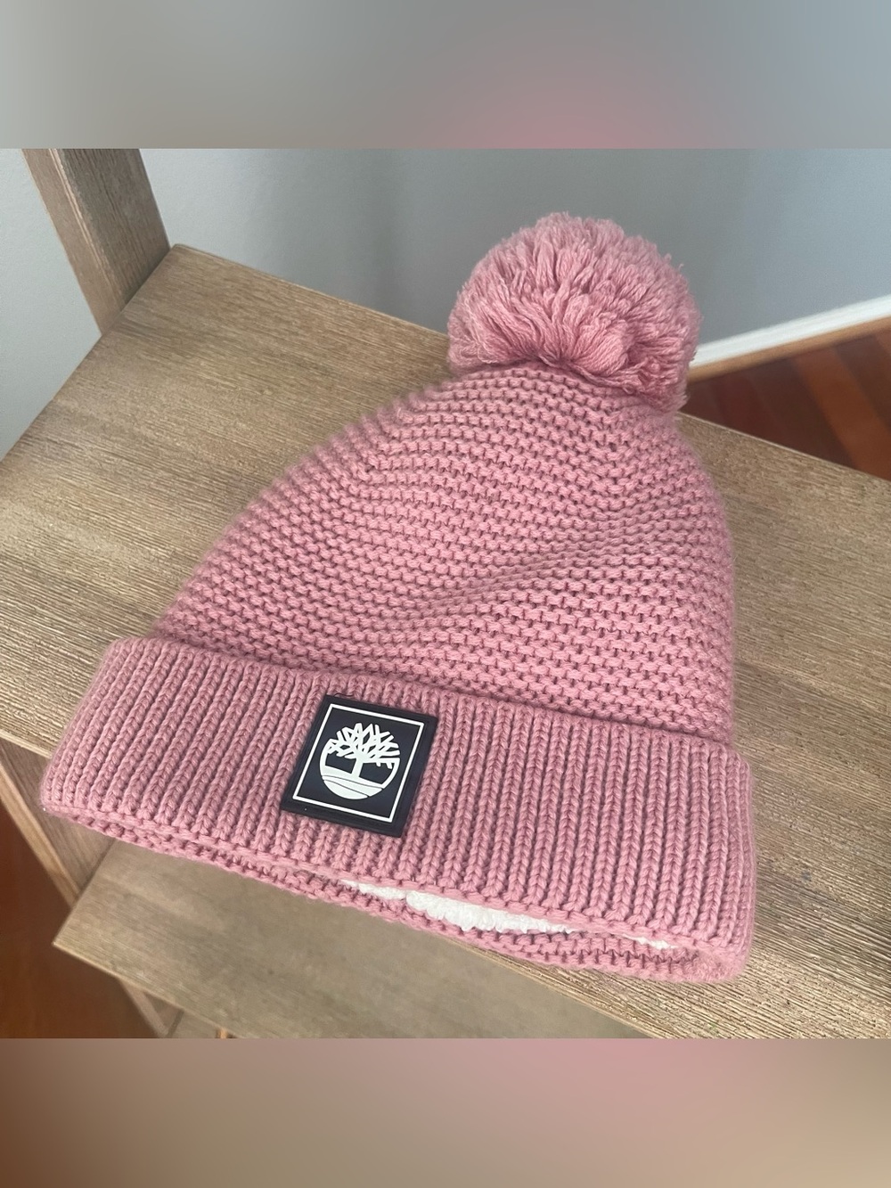 Timberland Dusty Pink Pom-Pom Beanie- Adult OS Soft Cuffed Knit Logo Winter Cozy